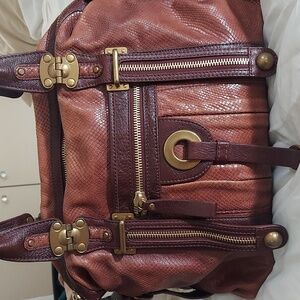 Lockheart Brown Leather Snakeskin Texture Gold Buckle Hinge satchel shoulder Bag